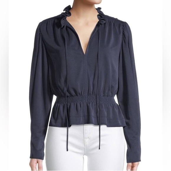 REBECCA TAYLOR Slit V-Neck Navy Long Sleeve Blouse Flattering Romantic Ruffles - Picture 2 of 13